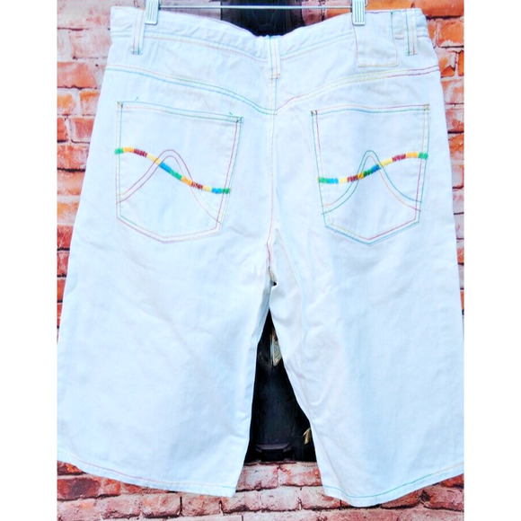 White Light Denim 5 Pocket Shorts W/Rainbow Colored Stitching & Drawstrings - Picture 2 of 11